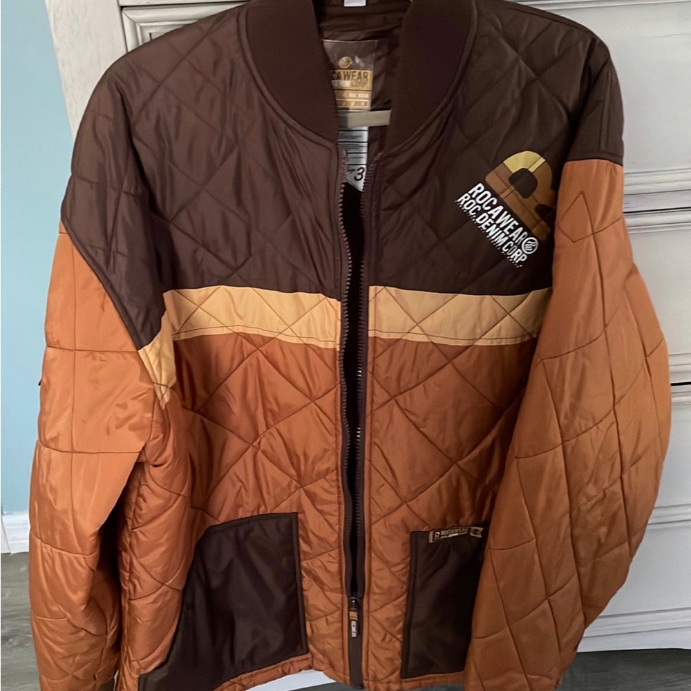Rocawear Jacket ROC Denim Corp Brown Quilted Puffer Color Block Large Size 3 - Picture 12 of 12